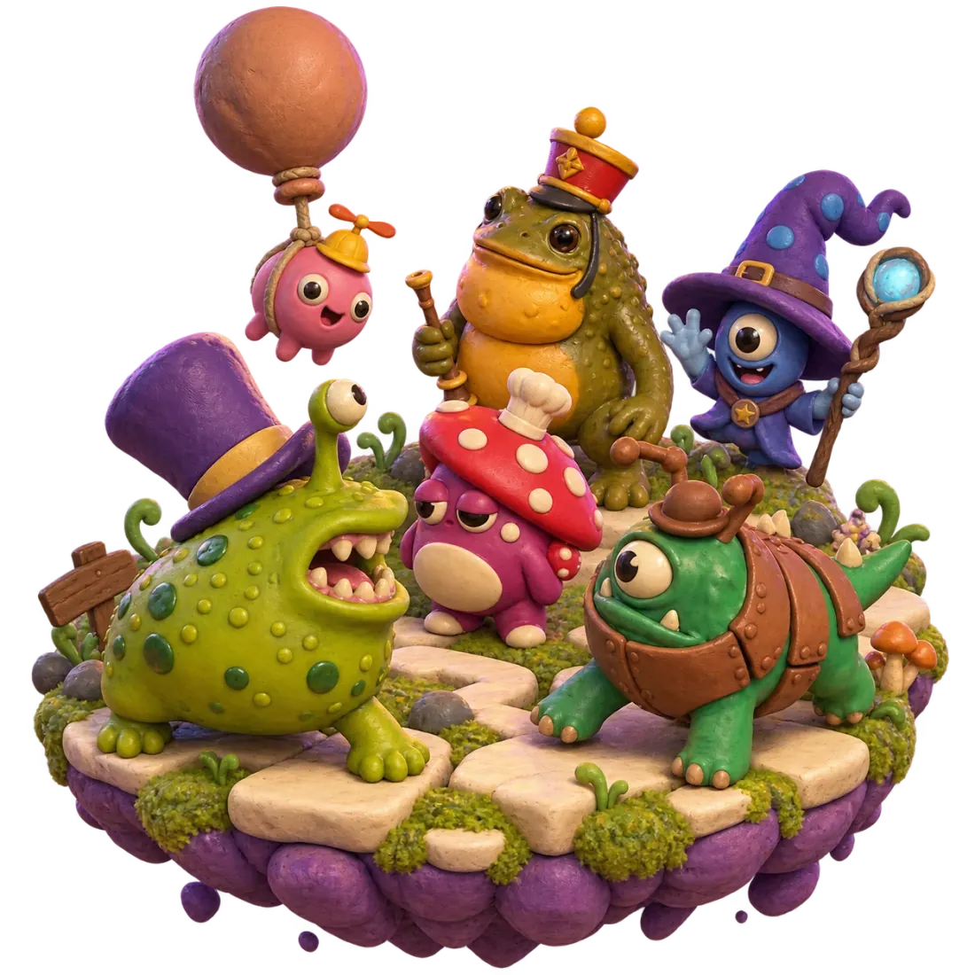 Six mischievous clay Hatlings wearing funny hats together on a floating maze island: Gate Slug, Balloonling, Ironhound, Toadpiper, Sporeback and Hexcaster.